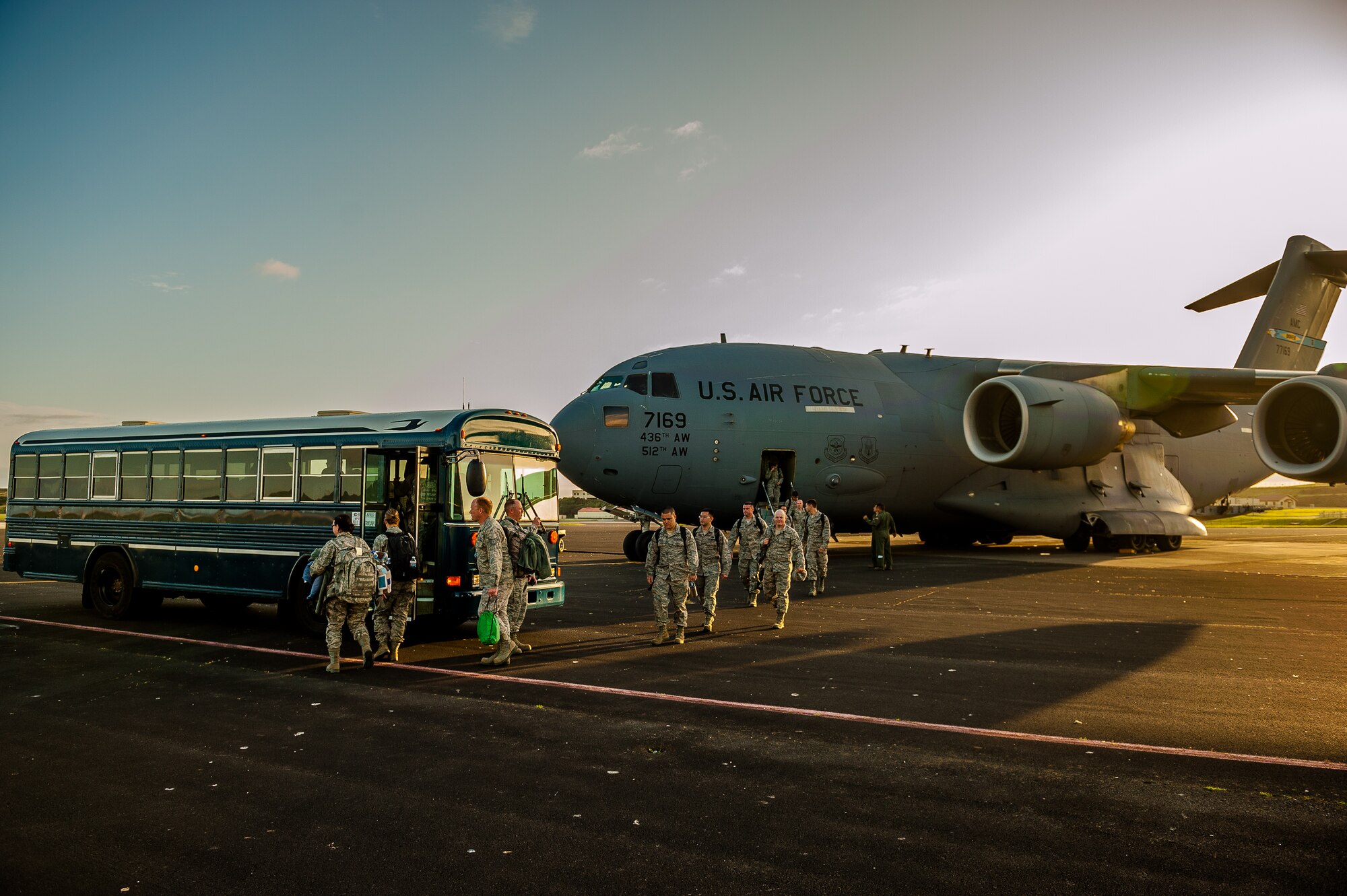 A C-17 Globemaster carrying reservists from the 419th Logistics Readiness Squadron
from Hill Air Force Base, Utah, sits on the Lajes Field flight line on June
8, 2012. Members of the 419th LRS will join with the 65th LRS to complete
an annual training and to exercise the 65th Air Base Wing's force reception
abilities.  (U.S. Air Force photo by Lucas Silva)  
