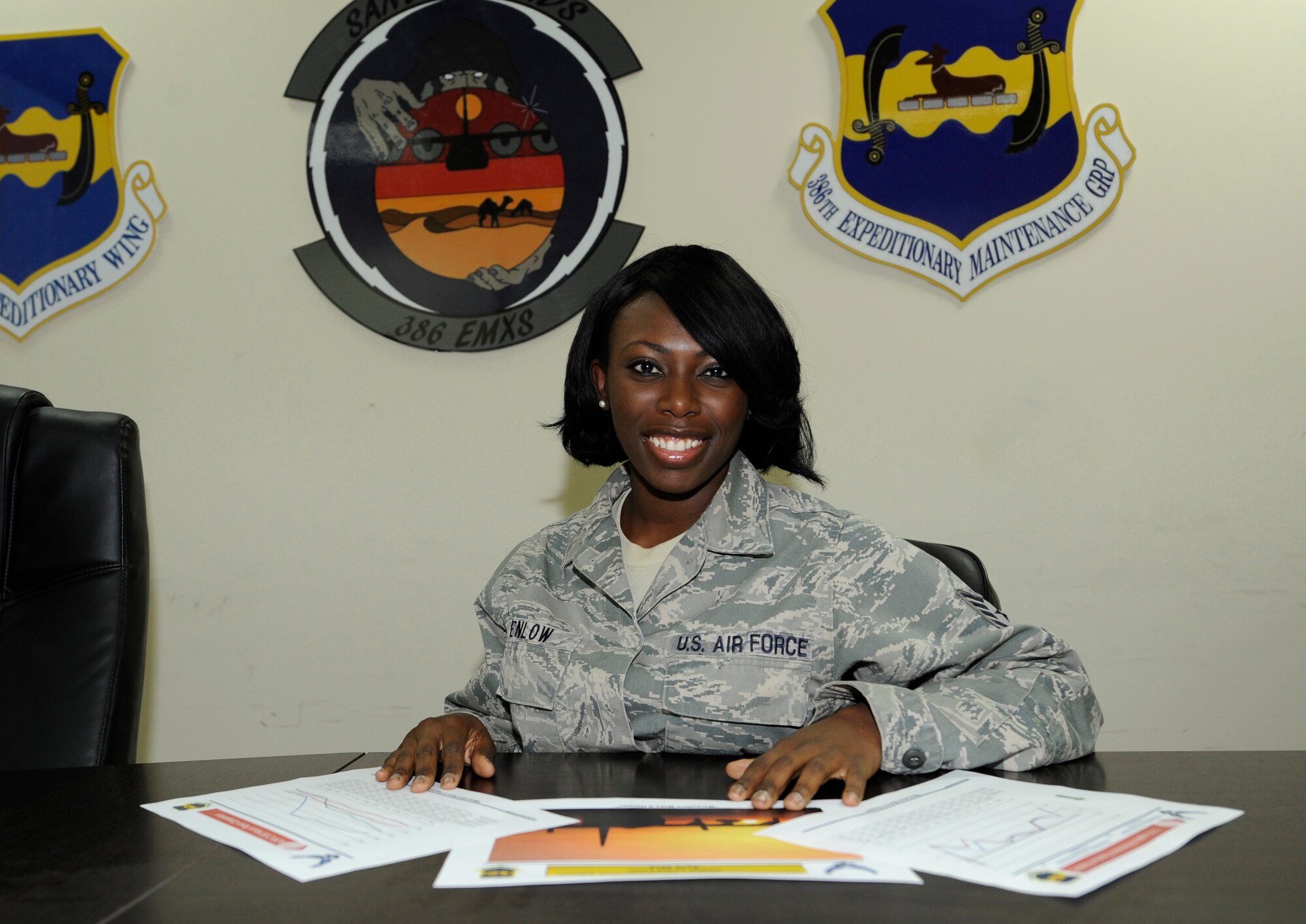 U.S. Air Force Staff Sgt. Yoshika Enlow, 386th Expeditionary Maintenance Squadron Maintenance Management Systems, is the 386th Air Expeditionary Wing's Rock Solid Warrior for June 8, 2012. Enlow is deployed from the 407th Maintenance Operations Squadron, Joint Base Charleston, S.C. (U.S. Air Force photo/Staff Sgt. Alexandra M. Boutte/Released)