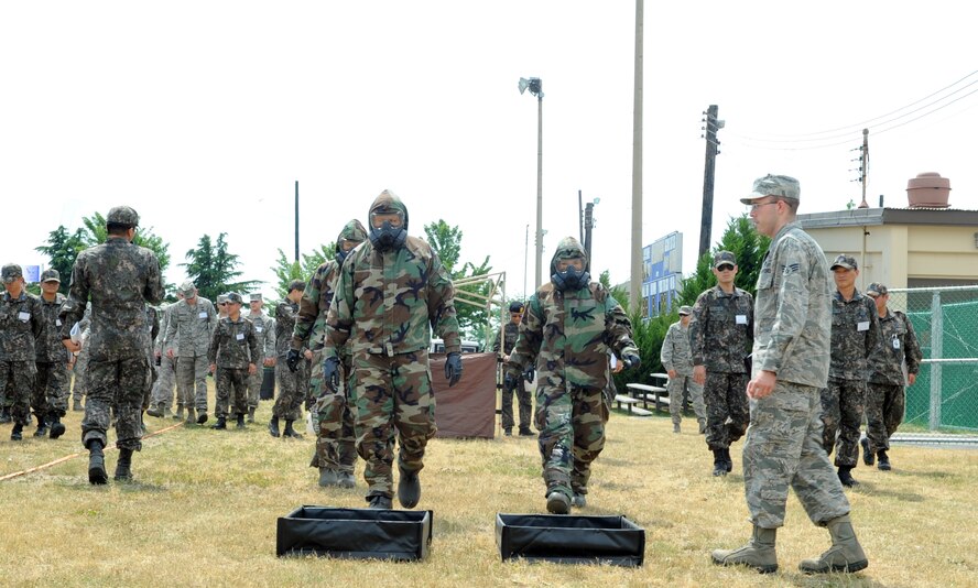 Airmen from the 8th Civil Engineer Squadron demonstrate the proper way to process a contamination control area June 8, 2012, at Kunsan Air Base, Republic of Korea. The joint training with Republic of Korea Air Force members helped them both understand what the other brings to the fight. (U.S. Air Force photo/Senior Airman Brigitte N. Brantley)