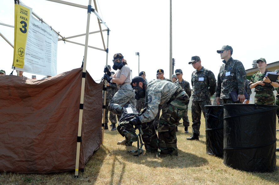 Master Sgt. Jeffrey Randall, right, and Staff Sgt. Ashley Bartlett, from the 8th Civil Engineer Squadron, demonstrate the two-person concept of processing through a contamination control area June 8, 2012, at Kunsan Air Base, Republic of Korea. Several Pacific Air Forces base sent Airmen to the training so they could learn how the RoK Air Force operates. (U.S. Air Force photo/Senior Airman Brigitte N. Brantley)