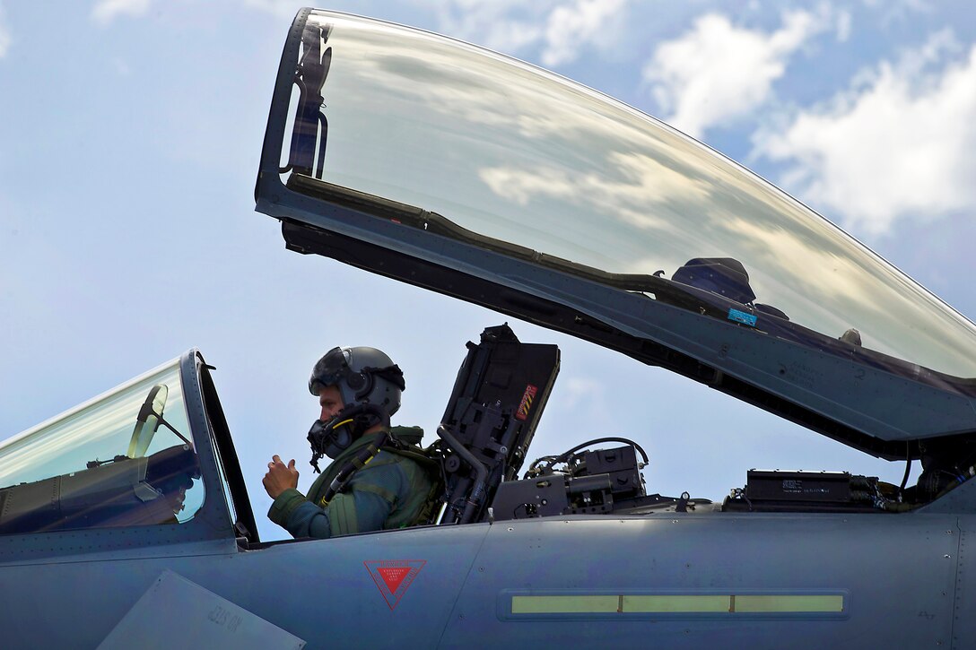A German air force pilot conducts preflight checks from the cockpit of a GAF Eurofighter Typhoon before a combat training mission during Red Flag-Alaska 12-2 on Eielson Air Force Base, Alaska, June 11, 2012.
