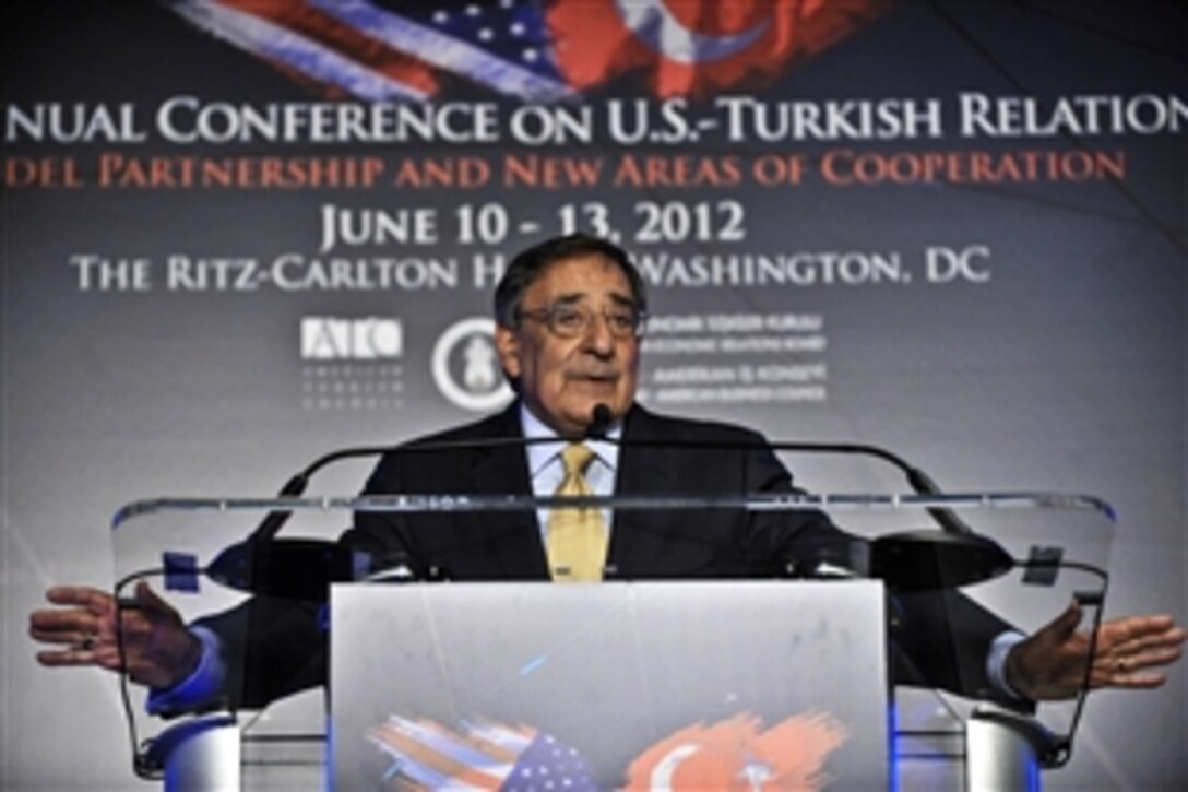 U.S. Defense Secretary Leon E. Panetta delivers the keynote address during the 31st Annual Conference on U.S.-Turkish Relations dinner in Washington, D.C., June 11, 2012. The American Turkish Council, a business association aimed at enhancing the promotion of U.S.-Turkish commercial, defense, technology and cultural relations, conducted the conference.