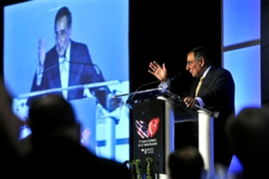 U.S. Defense Secretary Leon E. Panetta delivers the keynote address during the 31st Annual Conference on U.S.-Turkish Relations dinner in Washington, D.C., June 11, 2012. The American Turkish Council, a business association aimed at enhancing the promotion of U.S.-Turkish commercial, defense, technology and cultural relations, conducted the conference.