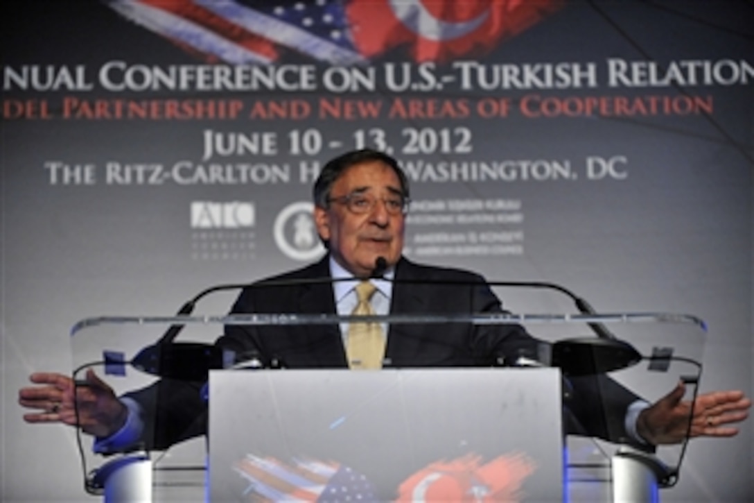 Secretary of Defense Leon E. Panetta delivers the keynote address at the 31st American Turkish Council Conference Dinner in Washington, D.C., on June 11, 2012.  