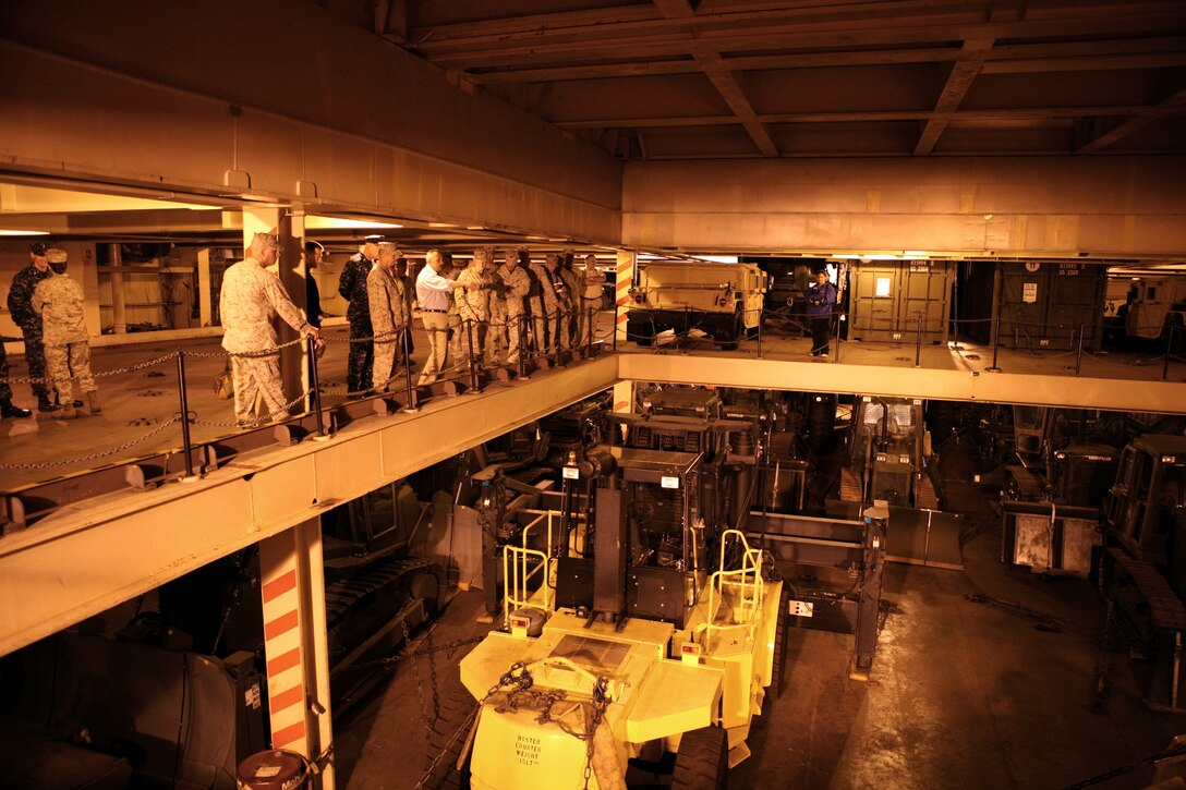 Distinguished visitors participate in a tour of the USNS 2nd LT John P. Bobo, container & roll-on/roll-off ship. The USNS Bobo is one of the more than 30 ships participating in BALTOPS-12 in Estonia by providing storage, transportation capability and the lighterage to ferry the equipment to the beach. The USNS Bobo was named to honor Marine Corps 2nd LT John P. Bobo a Medal of Honor recipient for actions while assigned as  Weapons Platoon Commander, Company I, Third Battalion, Ninth Marines, Third Marine Division, in Quang Tri Province, Republic of Vietnam, on 30 March 1967. The USNS Bobo is currently assigned to  Military Sealift Command's 6th Fleet-based Maritime Prepositioning Ship Squadron One. (MPSRON-1). Due to fiscal constraints MPSRON-1 is going to be dissolved and the ships and personnel are going to be integrated into the MPSRON 2, 3.