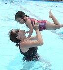 Kristen Martian plays with her daughter in the Plains Pool at Vance Air Force Base, Okla. The pool opened for the season over the Memorial Day weekend. (U.S. Air Force photo/ Airman 1st Class Frank Casciotta)