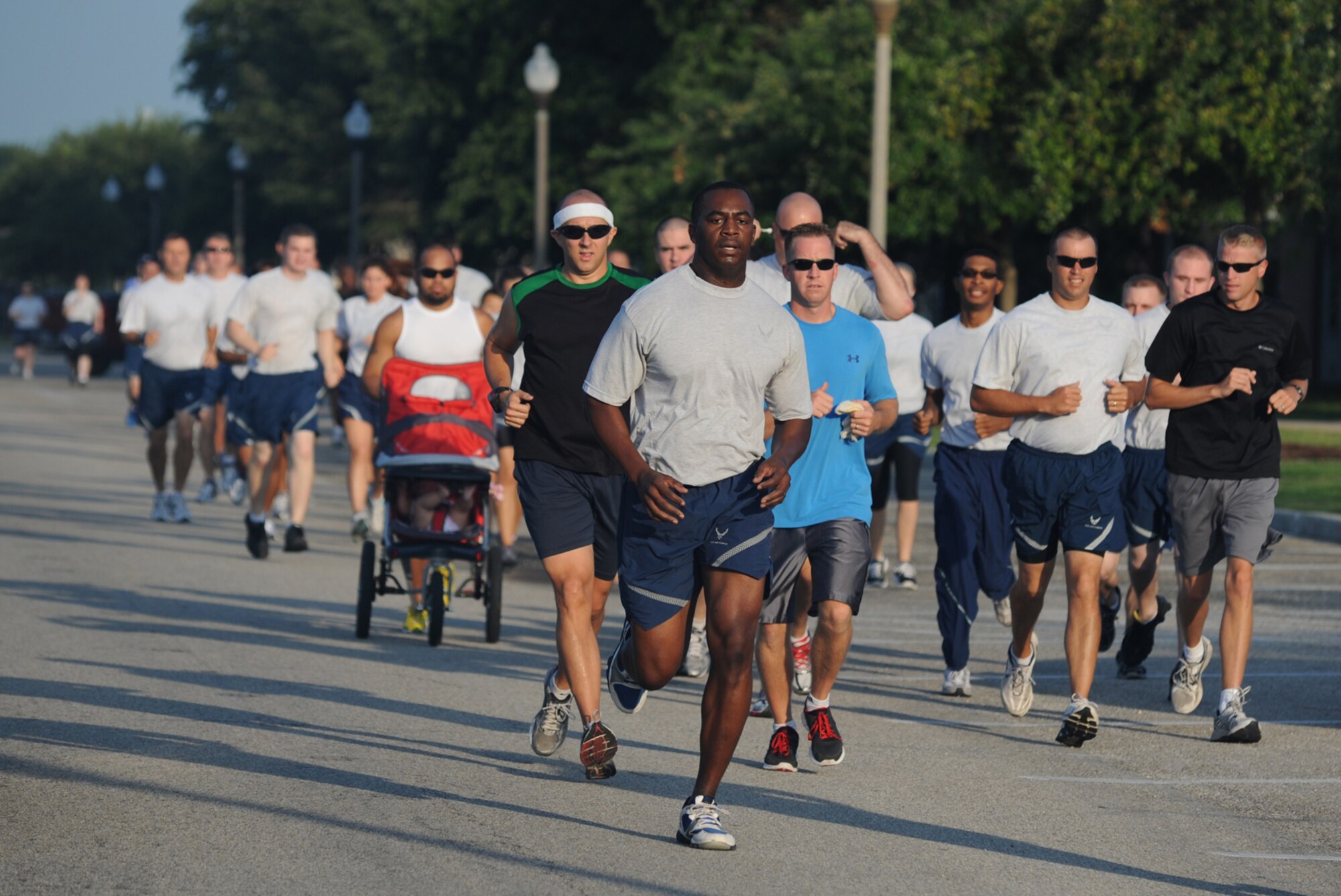 Tech. Sgt. Jason Washington, 81st Force Support Squadron, participates in the 5K professional wellness month run June 6, 2012, which began and ended at the Triangle Fitness Center at Keesler Air Force Base, Miss.  There were 64 individuals that participated in the race.  (U.S. Air Force photo by Kemberly Groue)