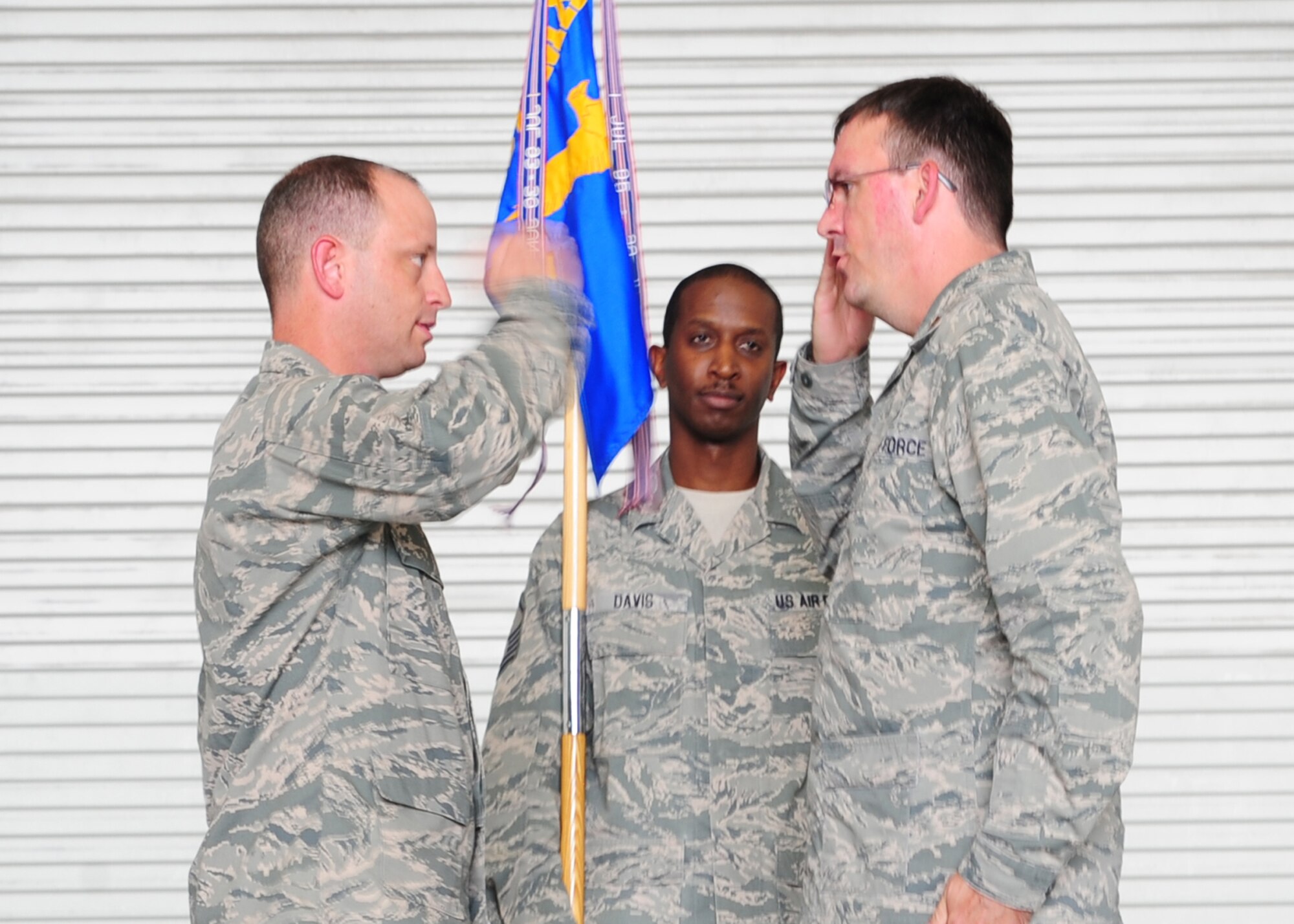 Colonel James Clavenna, 437th Maintenance Group commander, renders a salute to Maj. Matthew Manns, 437th Maintenance Operations Squadron incoming commander, during the 437th MOS change of command ceremony at Joint Base Charleston - Air Base, S.C, June 11, 2012. Maj. Manns took command of the 437th MXS. (U.S. Air Force photo/ Airman 1st Class Chacarra Walker)