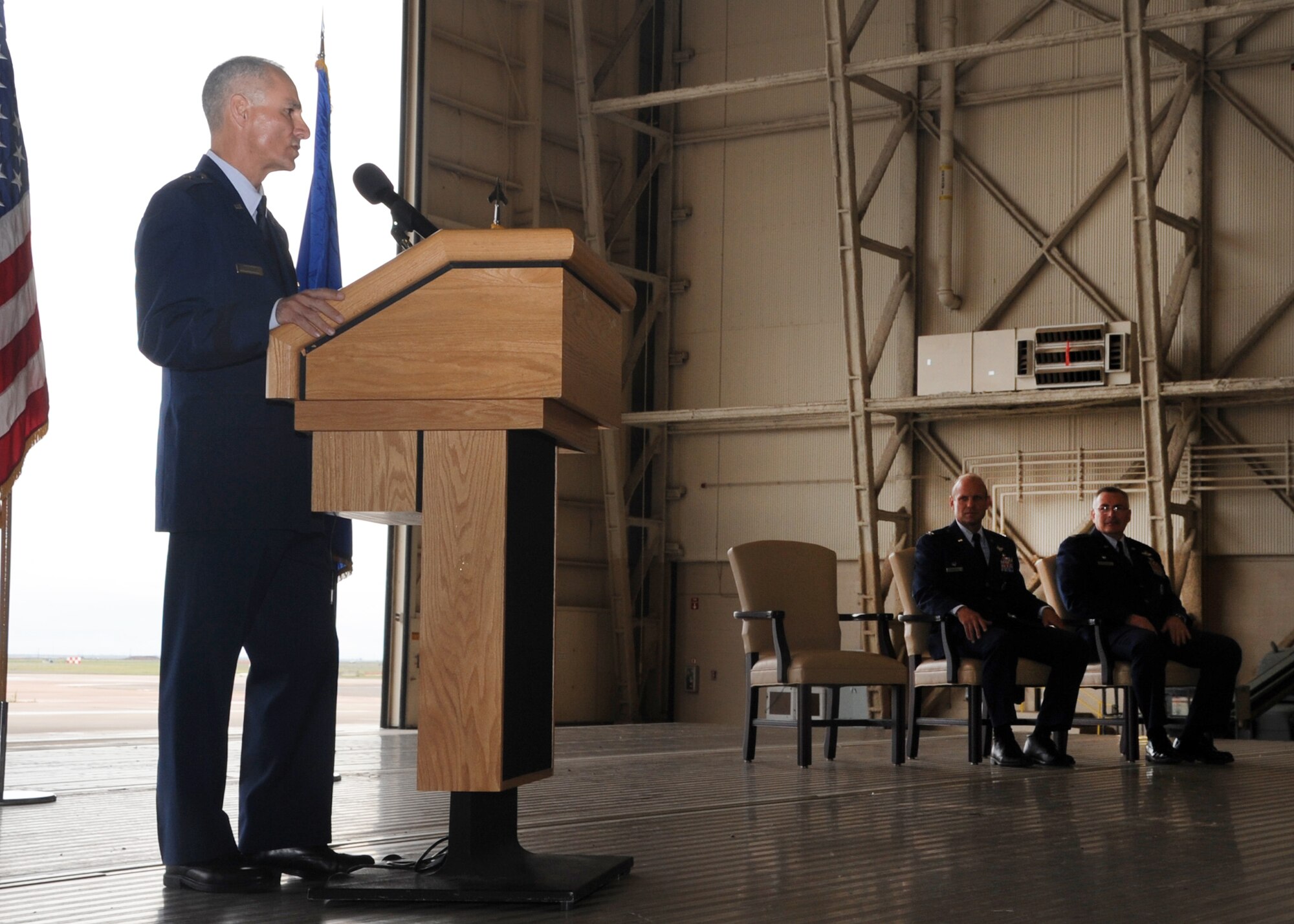 ALTUS AIR FORCE BASE, Okla. – Brig. Gen. Udo K. “Karl” McGregor, commander of the 452nd Air Mobility Wing, March Air Reserve Base, Calif., speaks about the 730th Air Mobility Training Squadron during its reactivation and assumption of command at hangar 517 June 13, 2012. The 730th AMTS falls under the 452nd Air Mobility Wing at March ARB and is part of the Air Force Reserve Command. (U.S. Air Force photo by Airman 1st Class Franklin R. Ramos / 97th Air Mobility Wing / Released)