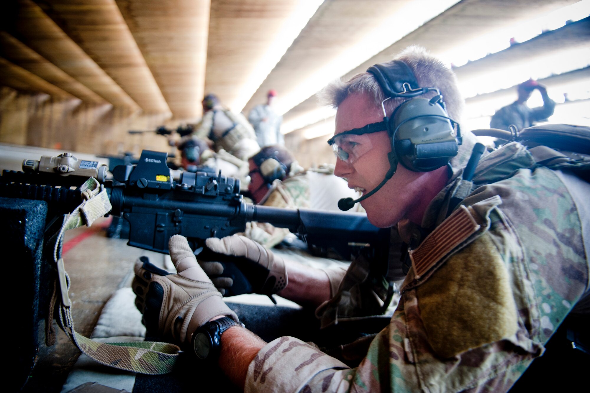U.S. Air Force Senior Airman Brandon Smith, 38th Rescue Squadron pararescueman, sets up a firing position during combat arms training June 12, 2012, at Moody Air Force Base, Ga. With the ability to be called for a mission at a moment’s notice, 38th RQS PJs regularly train to remain precise and proficient at what they do. (U.S. Air Force photo by Staff Sgt. Jamal D. Sutter/Released)  