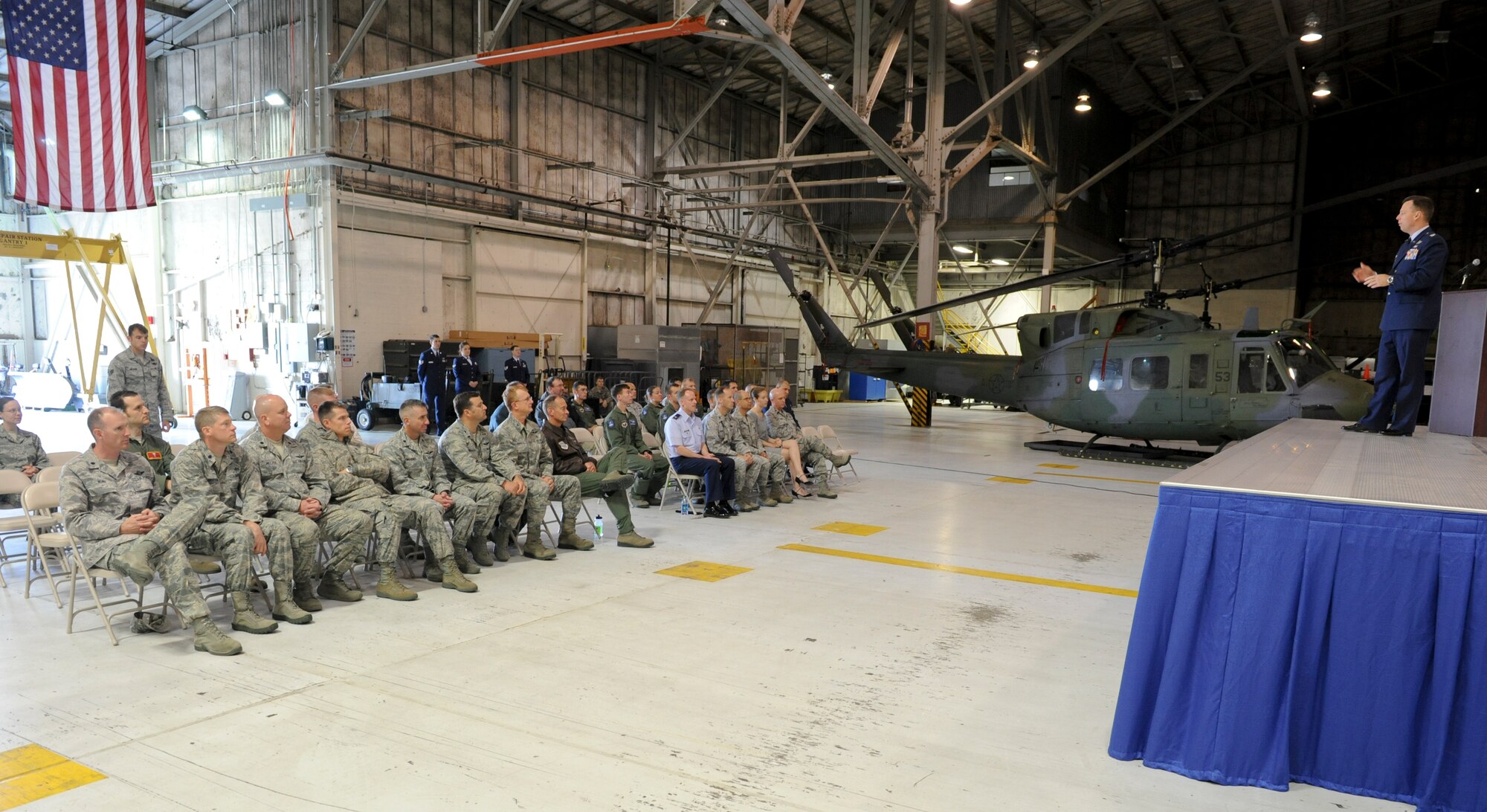 Col. Dagvin Anderson, 58th Operations Group commander, welcomes Airmen from the 36th Rescue Flight to his group during the unit’s transfer of authority ceremony at Fairchild Air Force Base, Wash., June 6, 2012. The 36th RQF transferred from the 336th Training Group to the 58th SOG at Kirtland Air Force Base, N.M. Transfer of authority ceremonies represent a formal transfer of responsibility from one command or commander to the next. (U.S. Air Force photo by Senior Airman Benjamin Stratton/Released)