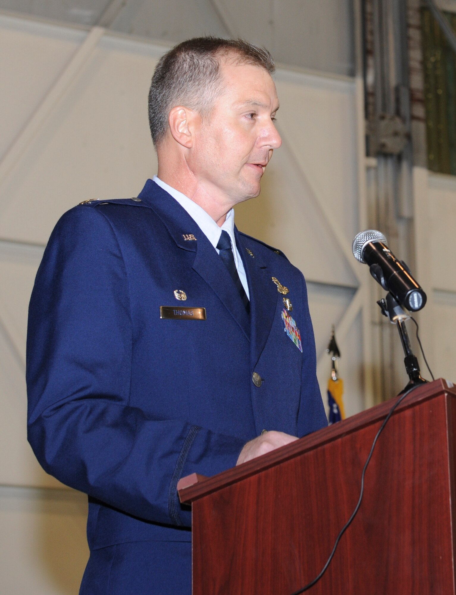 Col. William Thomas, 336th Training Group commander, thanks Airmen from the 36th Rescue Flight for their hard work and dedication to the Air Force’s Survival School during the unit’s transfer of authority ceremony at Fairchild Air Force Base, Wash., June 6, 2012. The 36th RQF transferred from the 336th TRG to the 58th Special Operations Group at Kirtland Air Force Base, N.M. Transfer of authority ceremonies represent a formal transfer of responsibility from one command or commander to the next. (U.S. Air Force photo by Senior Airman Benjamin Stratton/Released)