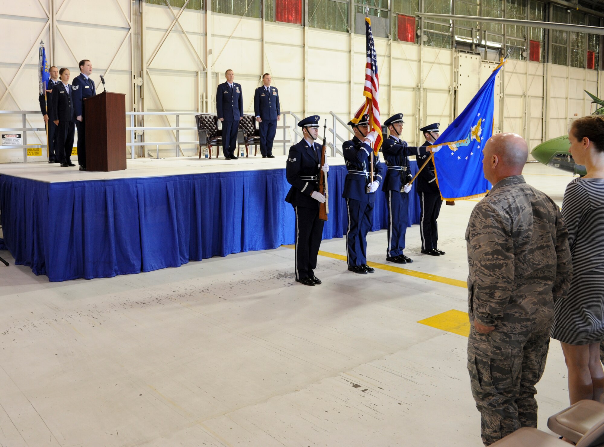 The Fairchild Honor Guard present the colors during the 36th Rescue Flight’s transfer of authority ceremony at Fairchild Air Force Base, Wash., June 6, 2012. The 36th RQF transferred from the 336th Training Group to the 58th Special Operations Group at Kirtland Air Force Base, N.M. (U.S. Air Force photo by Senior Airman Benjamin Stratton/Released)