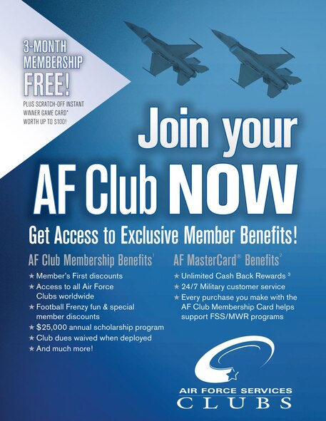 Air Force clubs offer members numerous free and inexpensive activities, including discounts on every meal to include special functions, an annual $25,000 scholarship program, Football Frenzy, Air Force Hoops and other member’s only programs.