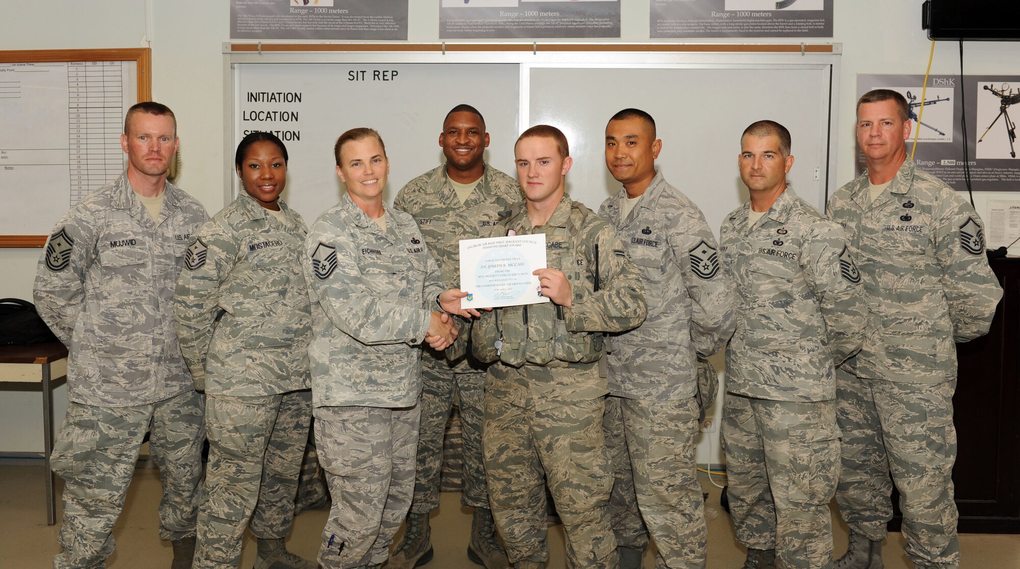 Airman 1st Class Joseph McCabe, 39th Security Forces Squadron, is presented the April 2012 Diamond Sharp Award by members of the Incirlik First Sergeant Council June 12, 2012, at Incirlik Air Base, Turkey. McCabe earned the monthly award by distinguishing himself through outstanding professionalism, performance and display of the Air Force core values. (U.S. Air Force photo by Senior Airman Jarvie Z. Wallace/Released)