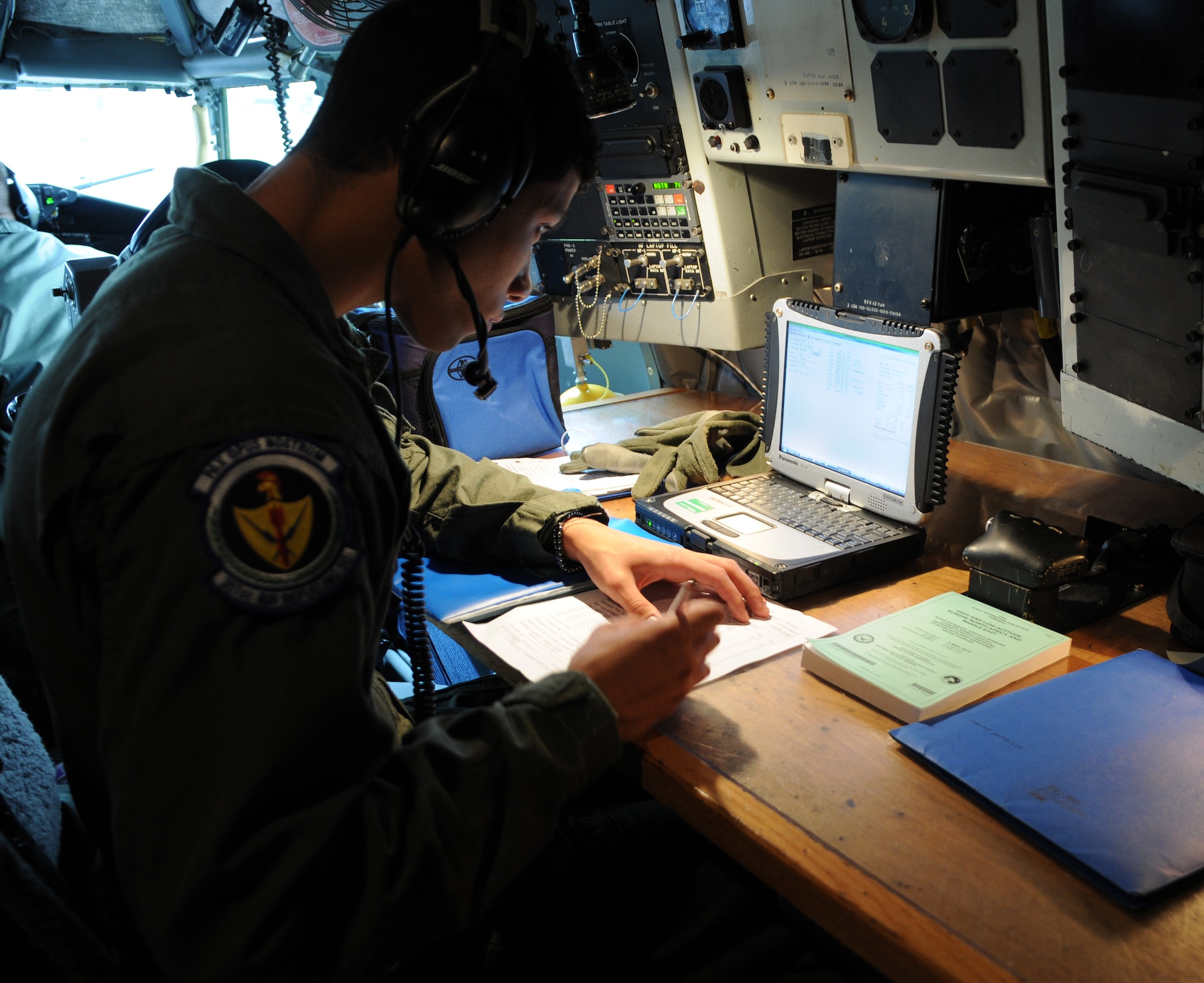 RAF MILDENHALL, England – Airman Anthony Ellsworth, 351st Air Refueling Squadron boom operator, completes a pre-flight check list before take-off from RAF Mildenhall June 12, 2012. The sortie was Ellsworth’s sixth sortie since joining the Air Force in 2011. (U.S. Air Force photo/Senior Airman Rachel Waller)  