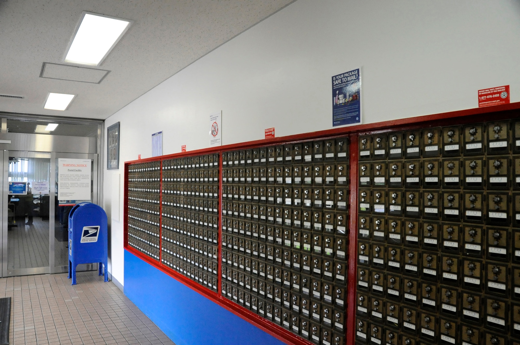 Private post office boxes are available to receive mail 24 hours a day at Misawa Air Base, Japan, June 7, 2012. Recently, the base post office had a Pacific Air Forces postal operations inspection and during the last three inspections, they received outstanding scores. For more information about the base post office call 226-3492. (U.S. Air Force photo by Airman 1st Class Kaleb Snay/Released)
