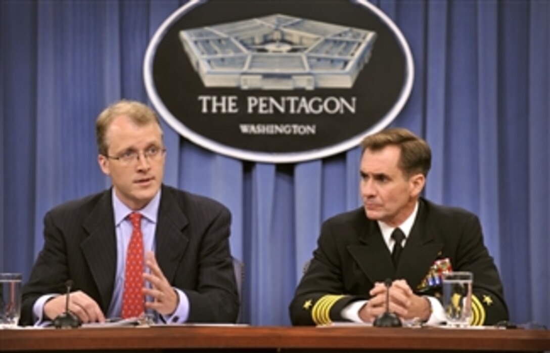 Acting Assistant Secretary of Defense George E. Little and Deputy Assistant Secretary of Defense for Media Operations Capt. John Kirby brief the press in the Pentagon Press Briefing Room on June 12, 2012.  