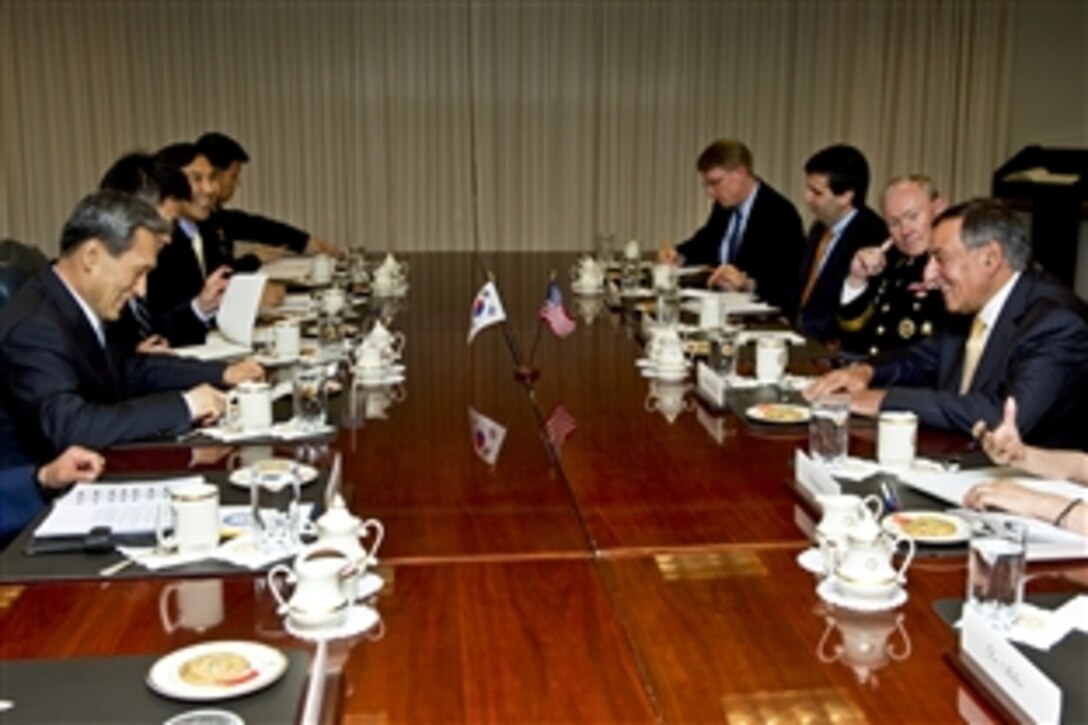 U.S. Defense Secretary Leon E. Panetta meets with South Korean Defense Minister Kim Kwan-jin at the Pentagon, June 13, 2012. The two defense leaders met to discuss issues of mutual concern.