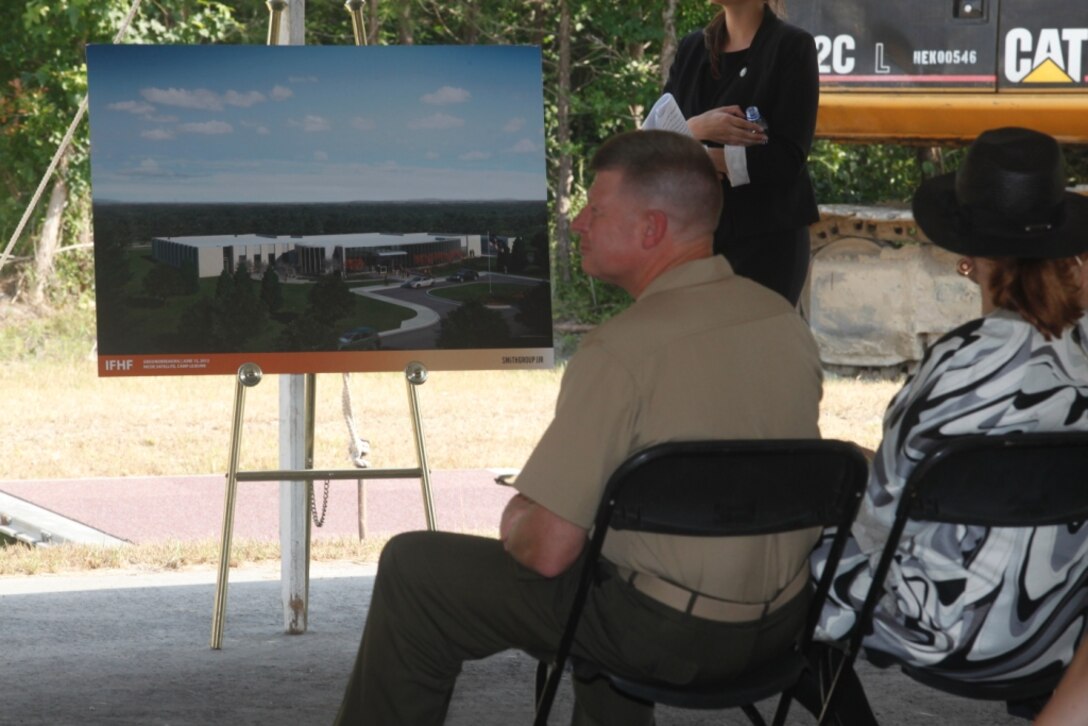 An image of the National Intrepid Center of Excellence Satellite Center Camp Lejeune was on display at the ground breaking ceremony held aboard Marine Corps Base Camp Lejeune June 13. Once complete the network of NICoE Satellite Centers will provide the most advanced care possible to returning military personnel suffering from TBI, PTS and other related afflictions.