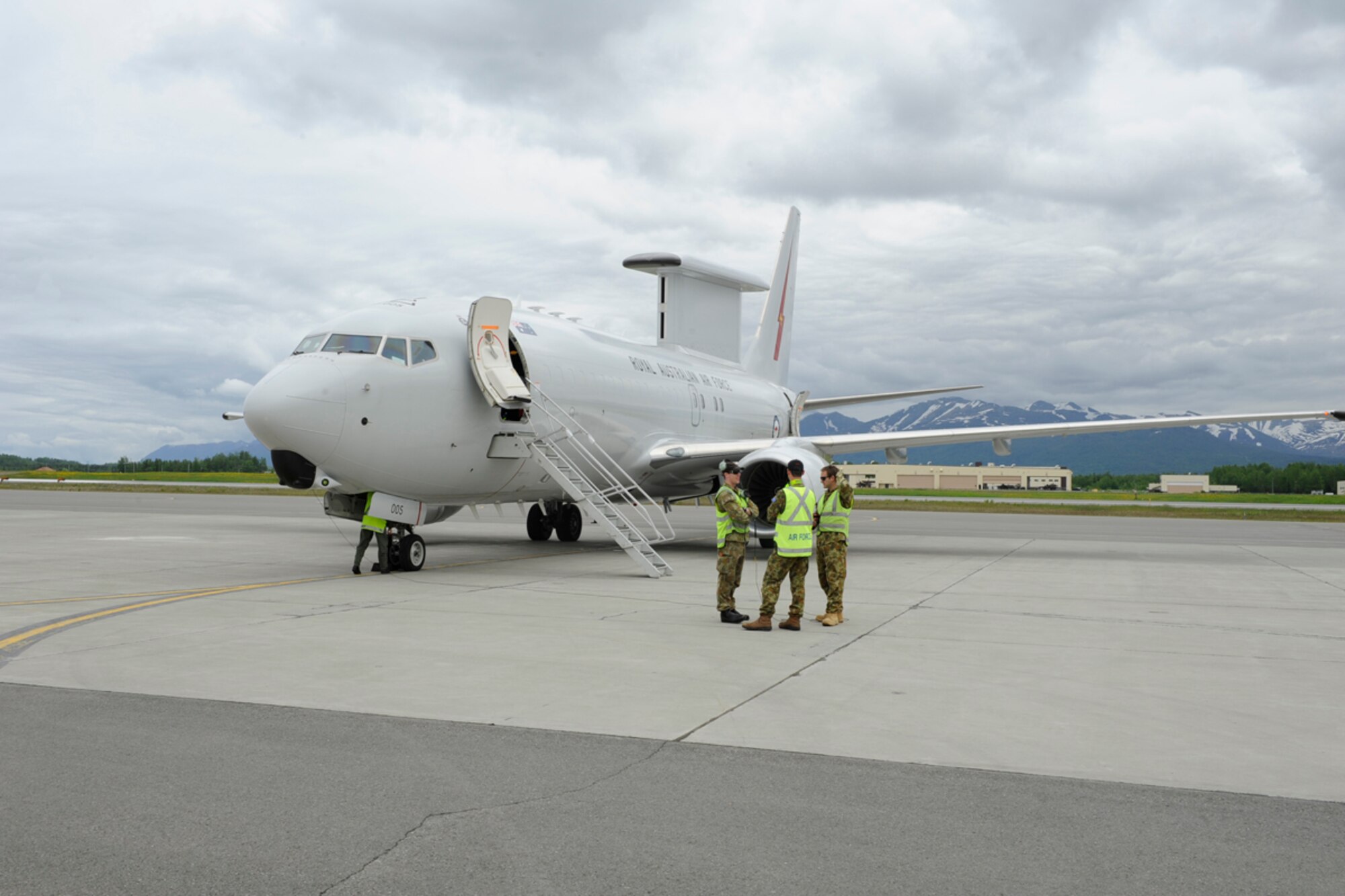 JOINT BASE ELMENDORF-RICHARDSON -- Royal Australian Air Force personnel prepare the E-7A Wedgetail for a Red Flag execersize, June 11, 2012. The RAAF is participating in Excersize Red Flag-Alaska. (U.S. Air Force photo/ Airman 1st Class Omari Bernard)