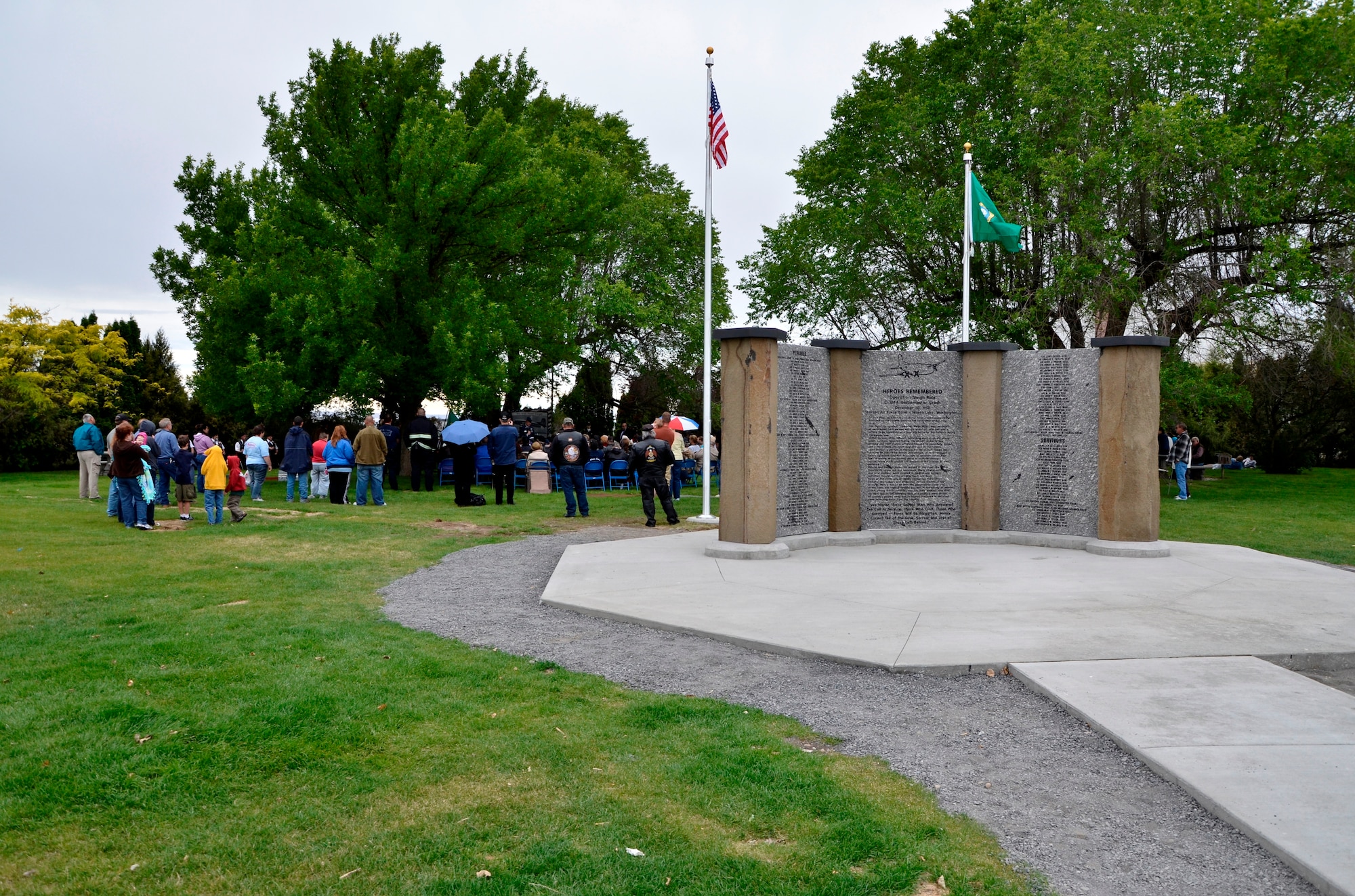 Korean War veterans, families and friends and community members honored 87 “Forgotten Heroes” of a tragic 1952 Air Force C-124A Globemaster crash during a memorial dedication ceremony at the Grant County International Airport in Moses Lake, Wash., June 9, 2012. The personnel transport took off Dec. 20, 1952, from what was then Larson Air Force Base as part of a continuation trip from Korea called “Operation Sleighride,” bringing servicemembers home for the holidays. (U.S. Air Force photo by Senior Airman Benjamin Stratton/Released)