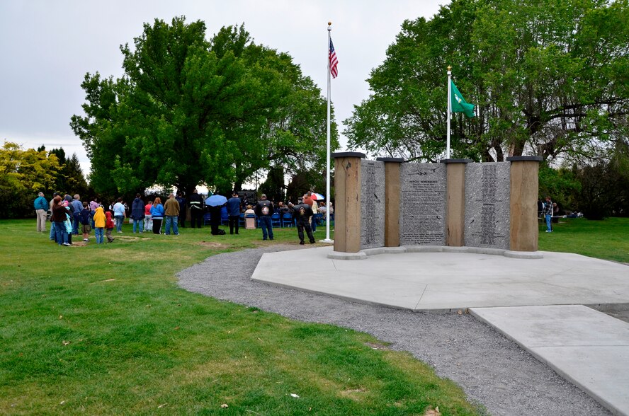 Korean War veterans, families and friends and community members honored 87 “Forgotten Heroes” of a tragic 1952 Air Force C-124A Globemaster crash during a memorial dedication ceremony at the Grant County International Airport in Moses Lake, Wash., June 9, 2012. The personnel transport took off Dec. 20, 1952, from what was then Larson Air Force Base as part of a continuation trip from Korea called “Operation Sleighride,” bringing servicemembers home for the holidays. (U.S. Air Force photo/Senior Airman Benjamin Stratton)