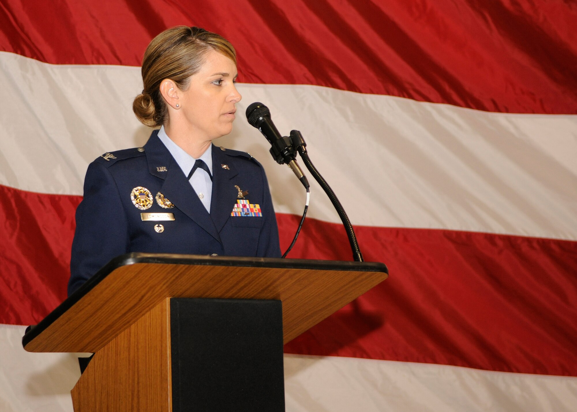 VANDENBERG AIR FORCE BASE, Calif. -- Col. Michele Edmondson, 381st Training Group commander, speaks to unit members and distinguished guests after taking command of the group during a change of command ceremony here June 13, 2012. Edmondson comes to the 381st TRG from a division of the Joint Staff in the Pentagon, where she provided strategic guidance on joint C4 satellite, spectrum, aerial and terrestrial transport systems and programs. (U.S. Air Force photo/Michael Peterson)