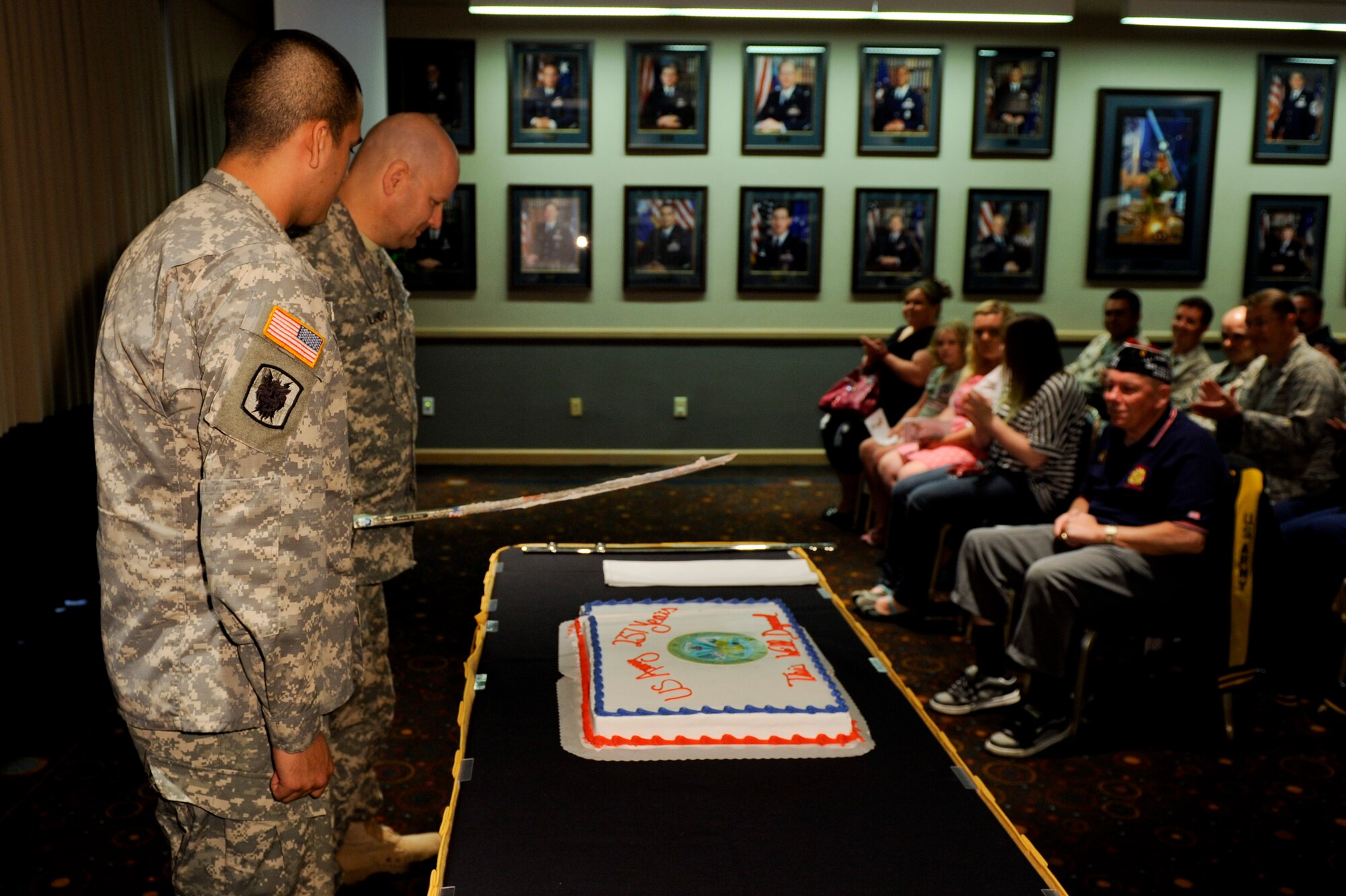 VANDENBERG AIR FORCE BASE, Calif.-- Army Sgt. Daniel Pineda, a Joint Space Operation Center space communications technician, and Maj. Craig Blando, a Joint Function Component Command Space plans officer, cut the cake during the 237th Army Birthday Celebration at the Pacific Coast Club here Thursday, June 14, 2012. Founded in 1775, the U.S. Army has grown from an amateur force of colonial freedom fighters to a professional force of more than one million soldiers fighting terrorism worldwide and providing support for international operations. (U.S. Air Force photo/Staff Sgt. Levi Riendeau)