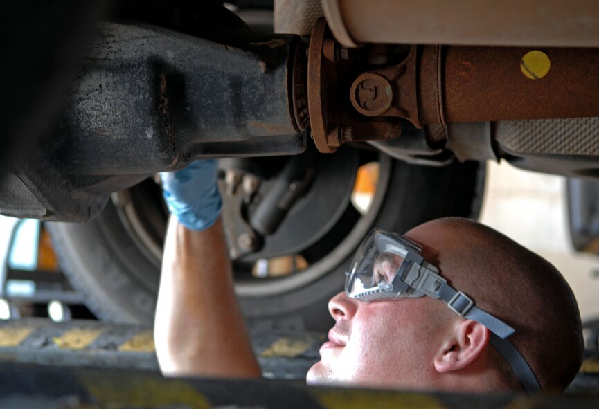 Staff Sgt. Josh Dobbins, 2nd Logistics Readiness Squadron Vehicle Maintenance lube rack, checks the oil level in a government vehicle's rear drive axle as part of the vehicle's scheduled oil service at Barksdale Air Force Base, La., June 12. The lube rack maintains and services more than 700 vehicles at this facility. (U.S. Air Force photo/Staff Sgt. Jason McCasland)(RELEASED)