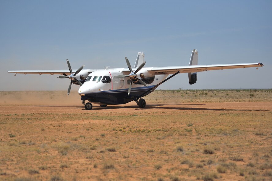 An M-28 Skytruck taxis to a halt on a dirt runway during training at Melrose Air Force Range, N.M., June 11, 2012. Teams spent the day at the range practicing tactics and perfecting skills. (U.S. Air Force photo by Airman 1st Class Alexxis Pons Abascal)
