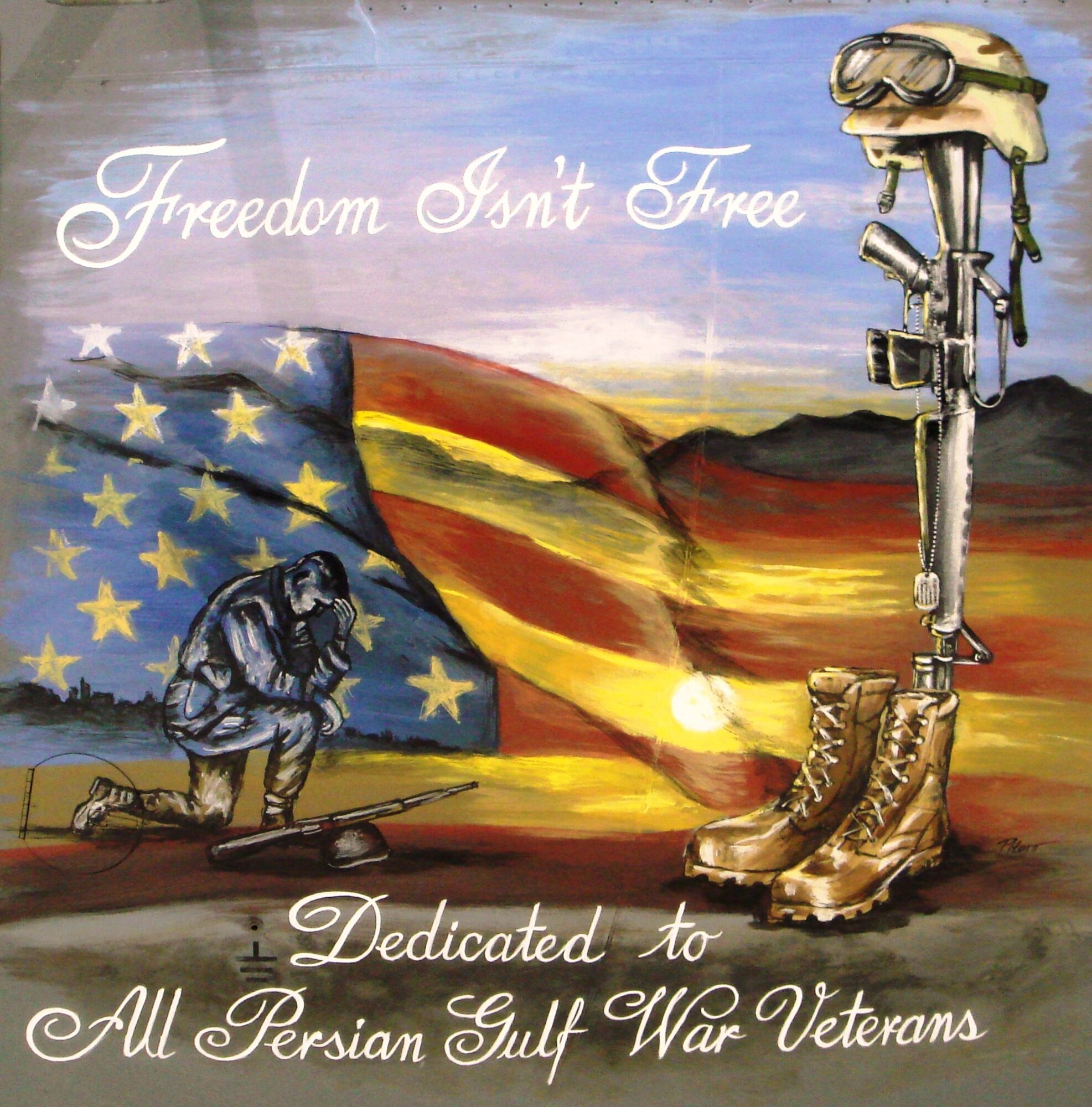 A C-130H assigned to the 911th Airlift Wing, Pittsburgh, Pa. pays tribute to the men and who served during the Persian Gulf conflicts with painted aircraft nose art titled, 'Freedom isn't Free.' The U.S. flag is recognized as a symbol of freedom around the world. June 14th is historic because on June 14, 1777, the Continental Congress passed an official resolution that the flag of the United States be 13 stripes alternate red and white; that the Union be 13 stars, white in a blue field, representing a new constellation. Then in 1916, President Woodrow Wilson issued a proclamation that officially established June 14 as Flag Day.  Although not officially recognized as a Federal Holiday, on June 14, 1937, Pennsylvania became the first (and only) U.S. state to celebrate Flag Day as a state holiday.  For this and other flag facts visit please visit www.americanflags.org  which is headquartered in Pittsburgh, Pa.