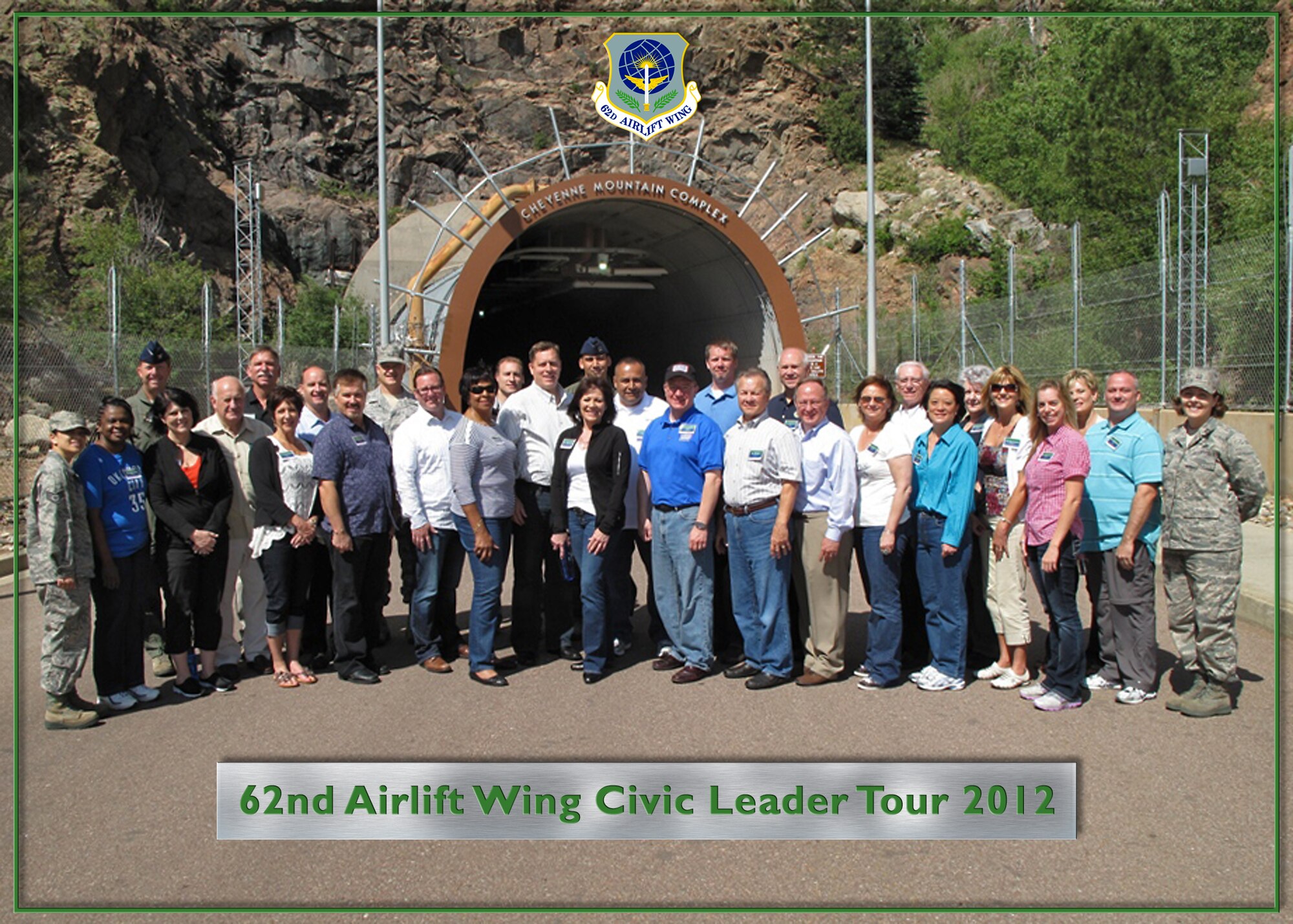 (U.S. Air Force graphic/Adamarie Lewis-Page) Airmen assigned to the 62nd Airlift Wing join McChord Field Civic Leaders during a tour of North American Aerospace Defense Command as part of a civic leader tour June 8, 2012, near Colorado Springs, Co. The two-day tour also included an introduction to the United States Air Force Academy.