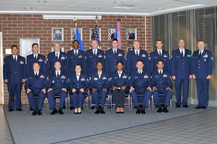 McGHEE TYSON AIR NATIONAL GUARD BASE, Tenn. - NCO Academy Class 12-3, E-Flight, gathers at the I.G. Brown Training and Education Center for their flight photo, March 19, 2012. (Air National Guard photo by Master Sgt. Kurt Skoglund/Released)