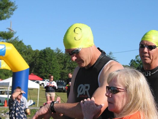 Eric Bjorn prepares to begin the 2012 Mach Tenn Triathlon with Dave Ruckstuhl next in line.  Bjorn finished 4th out of 21 in his age group and Ruckstuhl went on to swim a top-10 time out of over 350 competitors. (Photo provided)