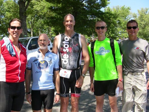From left, Dave Ruckstuhl, ATA branch manager of finance and contracts; John Spurlin, AEDC Legal Office attorney; Eric Bjorn, chief of AEDC’s Strategic Planning Branch; 1st Lt. Brad Chronister, AEDC Investments Branch specialist, and Kevin Sipe, AEDC’s Capability Integration Branch specialist, pose for a Mach Tenn Triathlon team relay photo. (Photo provided)