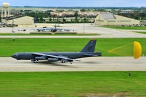 MINOT AIR FORCE BASE, N.D. – A B-52H Stratofortress takes off as part of a rapid launch during an annual exercise here June 11. As a finale for the exercise, several B-52s took off in rapid succession, signaling the end of the training mission. The exercise provides training opportunities for forces to deter, and if necessary defeat, a military attack against the United States. The rapid launch included 17 B-52s from both Minot AFB and Barksdale AFB. (U.S. Air Force photo/Senior Airman Jesse Lopez)