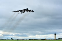 MINOT AIR FORCE BASE, N.D. – A B-52H Stratofortress takes off as part of a rapid launch during an annual exercise here June 11. As a finale for the exercise, several B-52s took off in rapid succession, signaling the end of the training mission. The exercise provides training opportunities for forces to deter, and if necessary defeat, a military attack against the United States. The rapid launch included 17 B-52s from both Minot AFB and Barksdale AFB. (U.S. Air Force photo/Senior Airman Jesse Lopez)