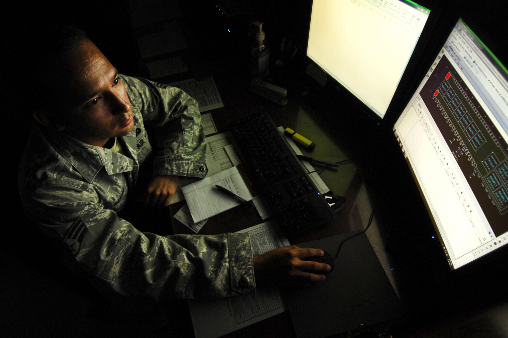 Senior Airman Ricardo Reano, 455th Expeditionary Aerial Port Squadron load planner loads, balances and sequences cargo and passengers for an aircraft at Bagram Airfield, Afghanistan, 8 June, 2012. Reano plans the movement of 
hundreds of passengers and hundreds of thousands of pounds of cargo through the theater of operations daily. (U.S. Air Force photo/Staff Sgt. Jeff Nevison)