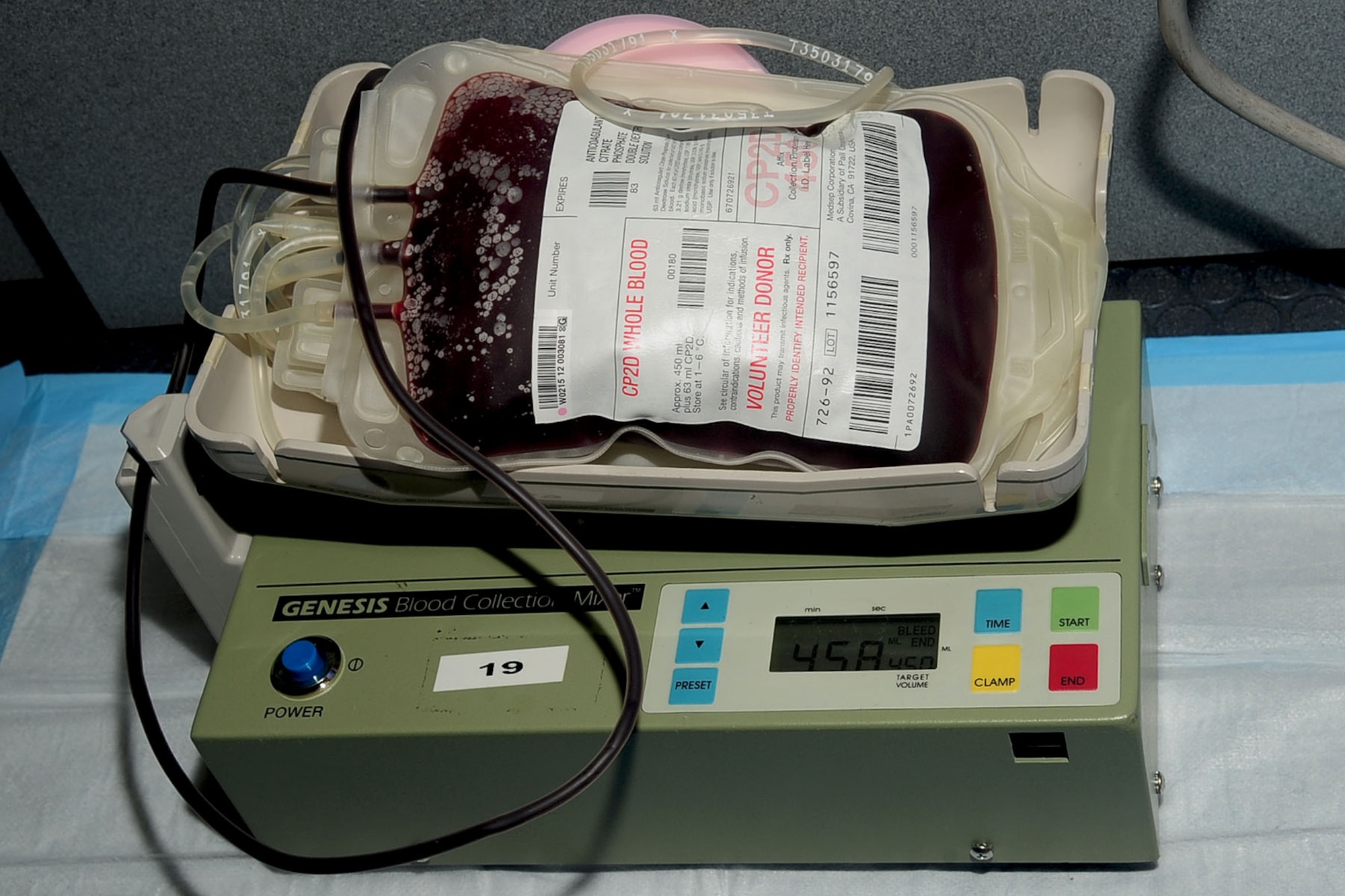 A scale weighs a unit of blood, donated during a blood drive, at Langley Air Force Base, Va., June 12, 2012. The donation will help military personnel worldwide, including patients at the U.S. Air Force Hospital Langley. (U.S. Air Force photo by Staff Sgt. Ashley Hawkins/Released)