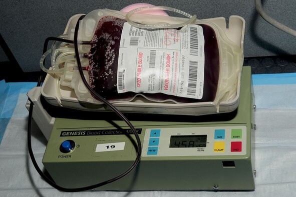A scale weighs a unit of blood, donated during a blood drive, at Langley Air Force Base, Va., June 12, 2012. The donation will help military personnel worldwide, including patients at the U.S. Air Force Hospital Langley. (U.S. Air Force photo by Staff Sgt. Ashley Hawkins/Released)