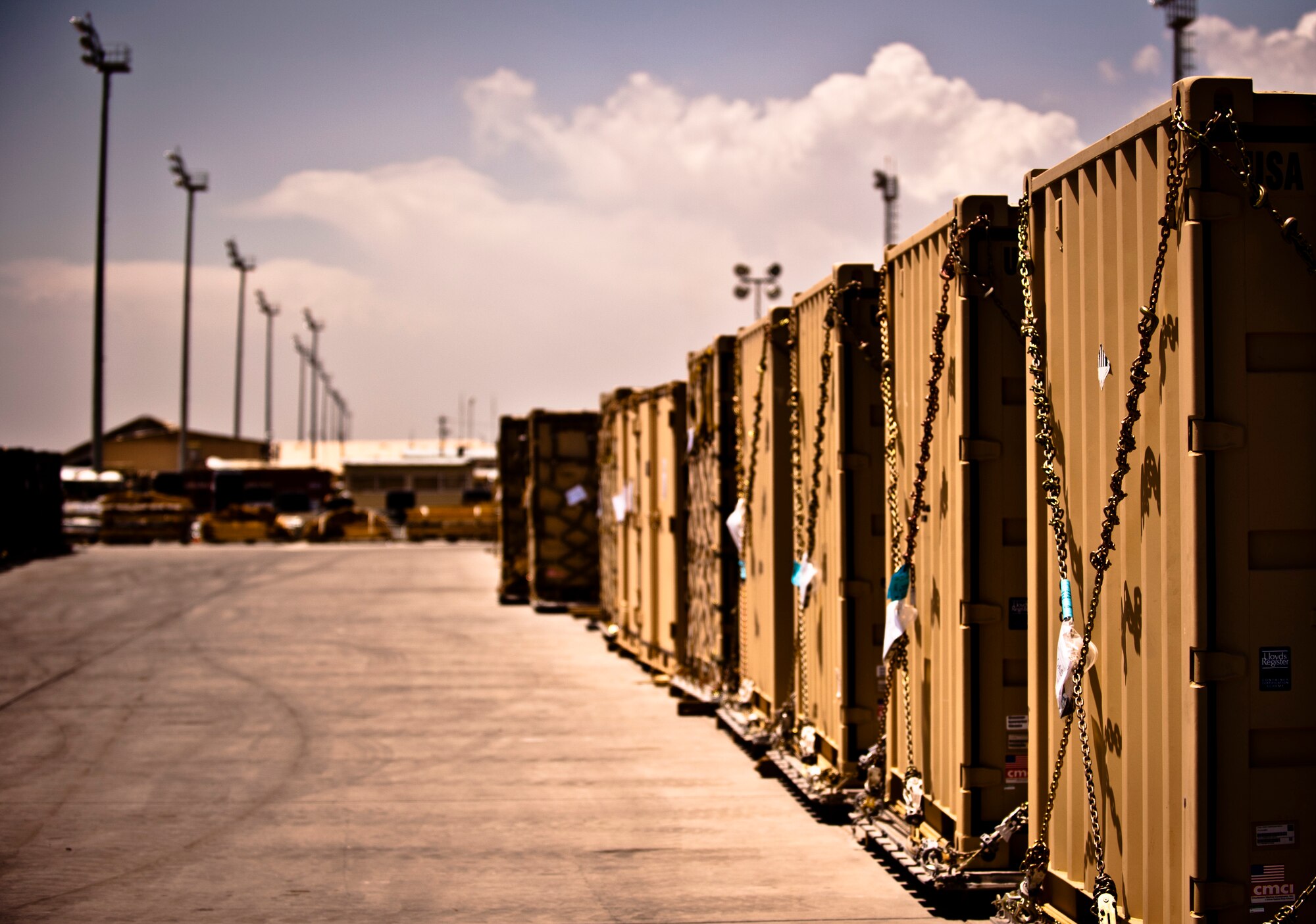 Pallets of cargo sit in the 455th Expeditionary Aerial Port Squadron cargo yard waiting to be loaded at Bagram Airfield, Afghanistan, June 8, 2012. Personnel with 455 EAPS process more than one million pounds of cargo every day in support of U.S. and Coalition forces operating in Afghanistan. (U.S. Air Force photo/Capt. Raymond Geoffroy)