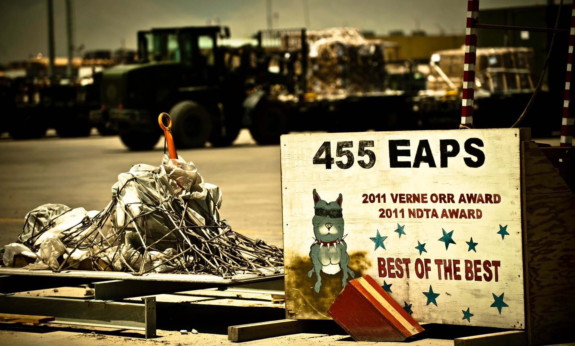 Pallets of cargo sit in the 455th Expeditionary Aerial Port Squadron cargo yard waiting to be loaded at Bagram Airfield, Afghanistan, June 8, 2012. Personnel with 455 EAPS process more than one million pounds of cargo every day in support of U.S. and Coalition forces operating in Afghanistan. (U.S. Air Force photo/Capt. Raymond Geoffroy)
