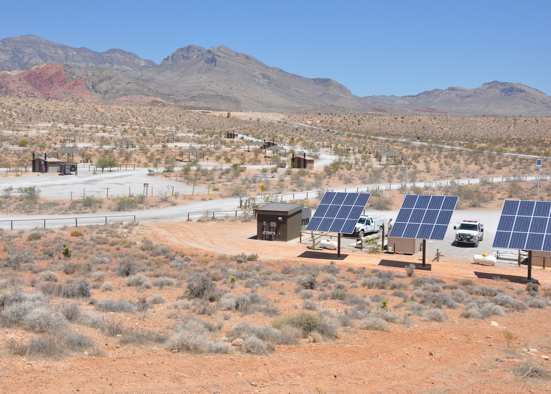 LAS VEGAS -- The U.S. Army Corps of Engineers Los Angeles District's Nellis Resident Office added solar panels for the Camp Host and more than two dozen shade structures for campers at the Red Rock Canyon National Conservation Area near Las Vegas. The additions were part of an improvement project for the Bureau of Land Management's fire station the District recently completed in which they installed a photovoltaic system, capable of generating 40 KWAC, to provide power for the facility.