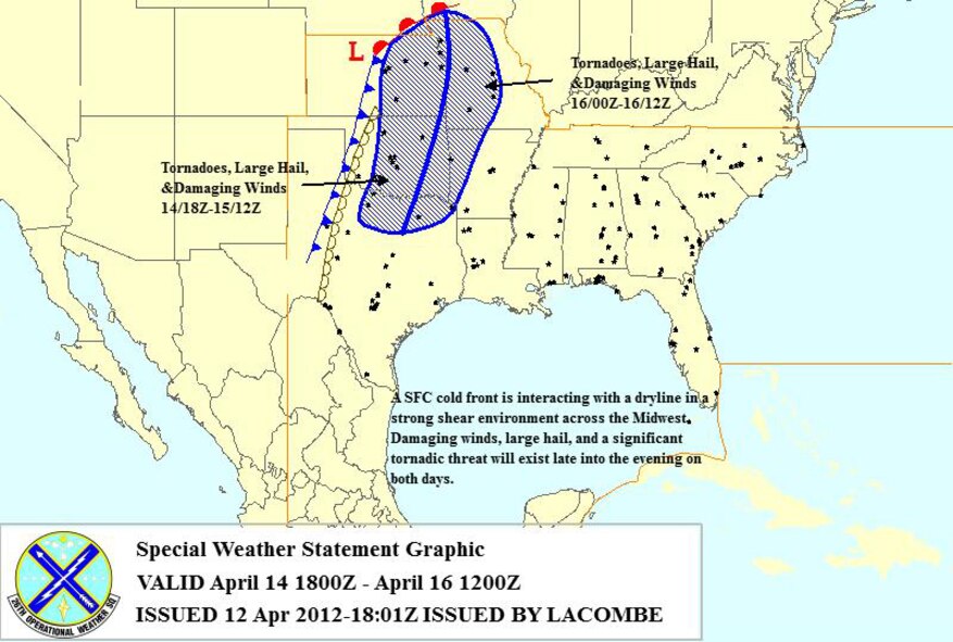 BARKSDALE AIR FORCE BASE, La. -- The 26th Operational Weather Squadron released a Special Weather Statement Graphic on April 14 as a severe weather outbreak was preparing to hit four states. (Courtesy graphic)