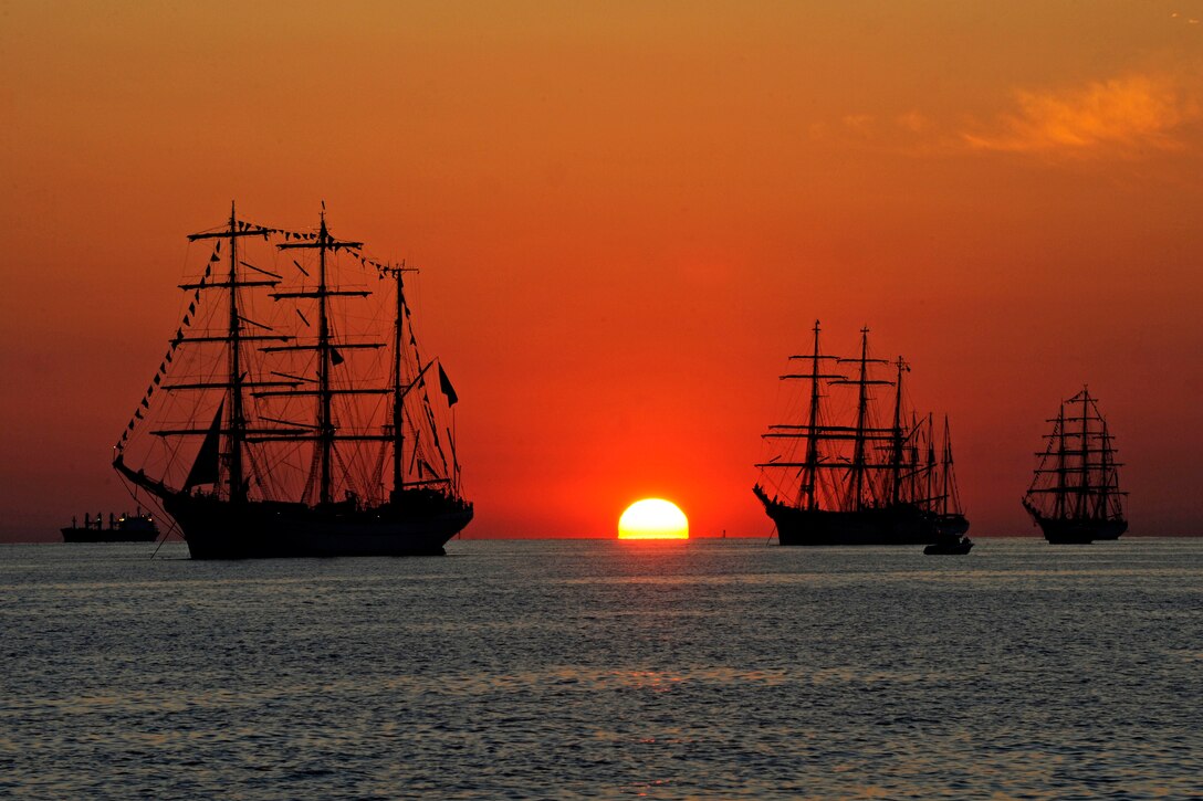 The Coast Guard Cutter Eagle is shown at the Lynnhaven anchorage off the coast of Virginia Beach, Va., June 8, 2012. The crew aboard the Coast Guard Cutter Eagle participated in the Parade of Sail as part of Operation Sail 2012.