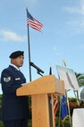 Staff Sgt. Paul Cruz, 647th Security Forces Squadron military working dog handler, speaks during the memorial ceremony for Military Working Dog Bert, June 13, 2012, at the Missing Man Memorial, Joint Base Pearl Harbor-Hickam, Hawaii. Bert died May 25 due to complications of a tumor found on his heart. Cruz and Bert were in pre-deployment training at Creech Air Force Base, Nev., when the German shepherd collapsed. (U.S. Navy photo/Dave Underwood)
