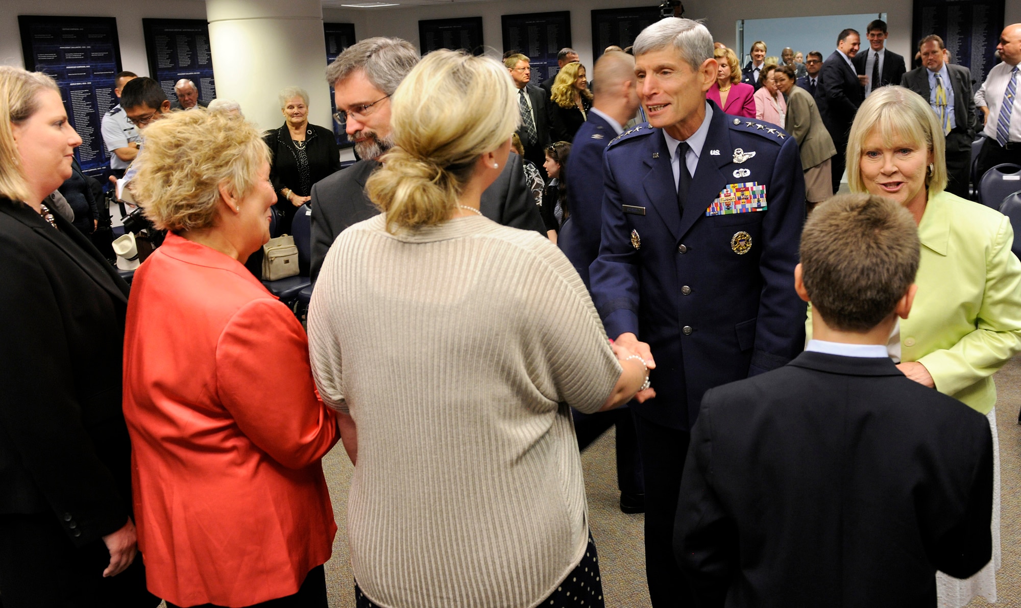 Air Force Chief of Staff Gen. Norton Schwartz and his wife Suzie congratulate family members of Capt. Francis Gary Powers following his posthumous presentation of the Silver Star on June 15, 2012, in the Pentagon. Powers was shot down over the Soviet Union on May 1, 1960, and received the decoration for the heroism he displayed while held prisoner by the Soviets. He was released in 1962 but subsequently died in a 1977 helicopter crash. (U.S. Air Force photo/Scott M. Ash)