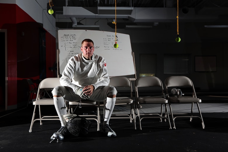 COLORADO SPRINGS, Colo. -- Weston Kelsey, 310th Force Support Squadron supply officer, sits in the fencing gym at the U.S. Olympic Training Center June 8, 2012. Kelsey is a third-time Olympian as part of the U.S. Men’s Epee Team for the 2012 Summer Olympic Games in London. (U.S. Air Force photo by Staff Sgt. Kathrine McDowell) 