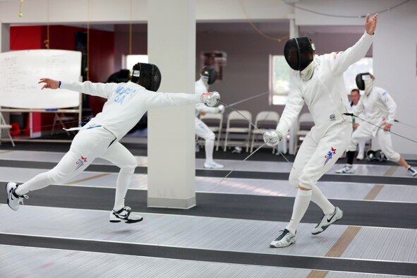 COLORADO SPRINGS, Colo. – Weston Kelsey, an Air Force captain with the 310th Force Support Squadron, right, fences U.S. Olympic Training Center teammate, Jimmy Moody, June 8, 2012. Kelsey, former U.S. Air Force Academy fencer and now three-time Olympian, has been fencing for approximately 20 years. (U.S. Air Force photo by Staff Sgt. Kathrine McDowell)